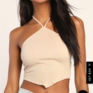 NWT Lulu’s Smocking On Air Beige Smocked Cropped Handkerchief Halter Top
